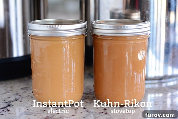 Dulce de Leche in the Instant Pot and Stovetop Pressure Cooker 9 Two side-by-side mason jars, one showing a darker, richer dulce de leche, and the other a slightly lighter version.