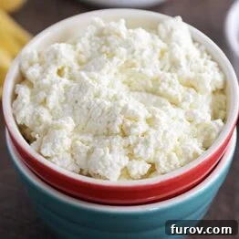 A simple bowl of homemade ricotta cheese, highlighting its smooth, inviting texture.
