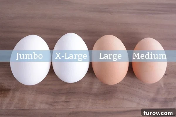 A jumbo, extra large, large, and medium egg carefully placed side by side for comparison, illustrating their distinct sizes.
