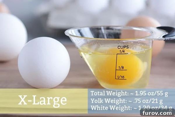 An extra large egg cracked into a measuring cup alongside a raw extra large egg, highlighting its volume.