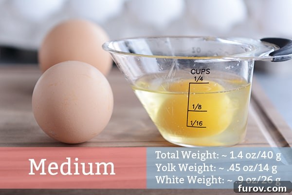 A medium egg cracked into a measuring cup, with two raw brown eggs lying next to it, demonstrating its smaller size.