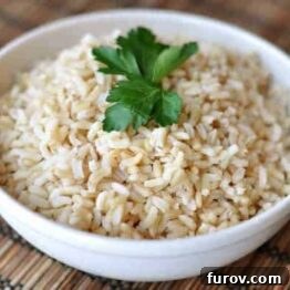Baked Brown Rice in a white bowl
