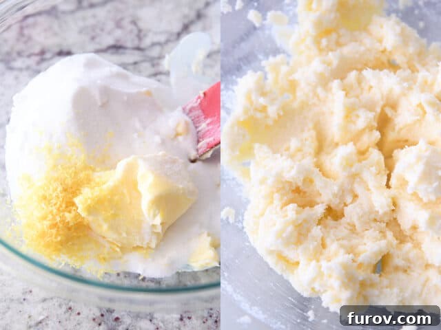 Mixing butter, sugar, and fresh lemon zest in a clear glass bowl, illustrating the initial steps for the lemon blueberry cake batter.