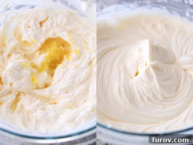 Close-up of fresh lemon zest being folded into fluffy whipped frosting in a glass bowl, showcasing the flavor infusion.