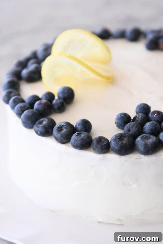 A beautifully frosted lemon blueberry cake, adorned with fresh blueberries on top, ready to be served.