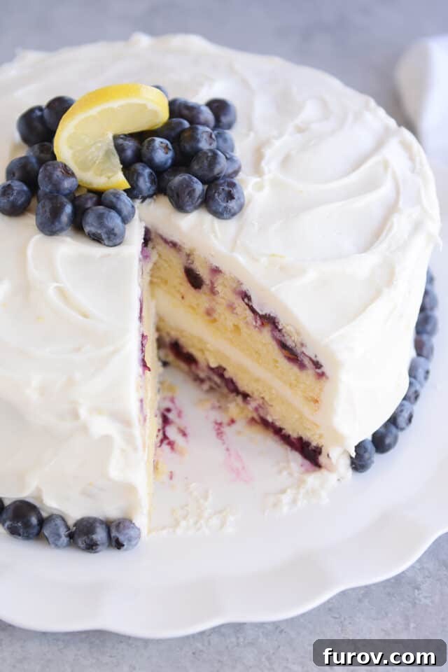 A two-layer lemon blueberry cake, exquisitely frosted with whipped lemon cream cheese frosting and garnished with vibrant lemon slices and fresh blueberries.