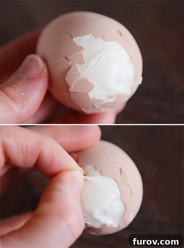 Two images demonstrating the proper technique for peeling a hard-boiled egg: a hand gently tapping the large end of the egg, and then carefully starting to peel from that point, emphasizing how the shell effortlessly detaches.
