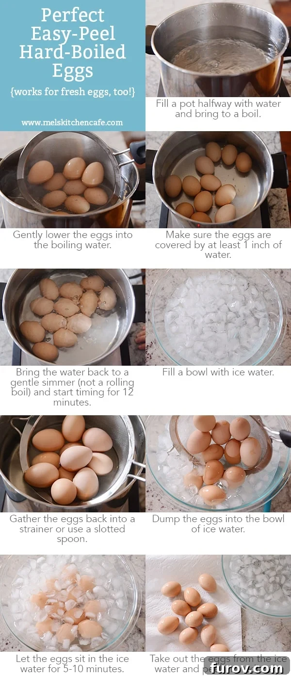 A visual guide showing step-by-step instructions with corresponding images on how to achieve perfectly boiled eggs with easy-to-peel shells.