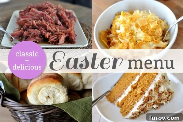 A vibrant collage of popular Easter foods including ham, potatoes, rolls, and cake, with the words 'Easter Menu' prominently displayed in the center.
