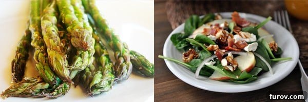 Freshly roasted green asparagus spears, lightly seasoned, arranged neatly on a serving platter, ready to be enjoyed.