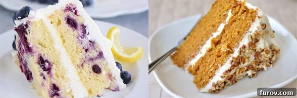 A slice of lemon blueberry cake with whipped lemon cream frosting, garnished with fresh blueberries and lemon zest, beside the full cake.