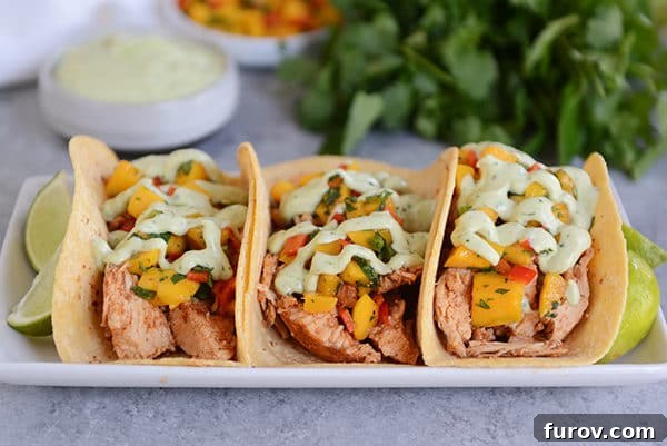 Three perfectly assembled chili lime pork tacos, nestled in warm corn tortillas, lined up on an elegant white platter, ready to be served.