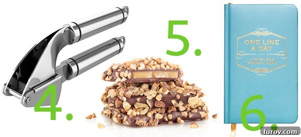 Joyful Picks: Mothers Day Gifts and Seasonal Delights 4 Collage displaying a modern garlic press, gourmet Christopher Elbow chocolates, and a 'One Line a Day' journal.