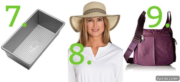Joyful Picks: Mothers Day Gifts and Seasonal Delights 5 Collage featuring heavy-duty bread pans, a stylish wide-brimmed sun hat, and a compact travel satchel.