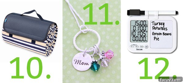 Joyful Picks: Mothers Day Gifts and Seasonal Delights 6 Collage showcasing a portable picnic blanket, a personalized birthstone charm necklace, and a multi-event kitchen timer.