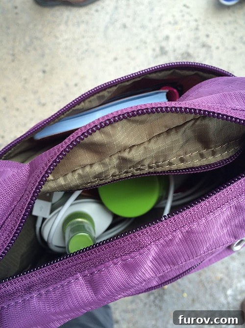 Top view of a stylish purple travel bag, perfect for carrying essentials.