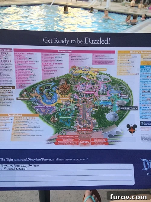 A detailed map of Disneyland Park, showing various attractions and lands.