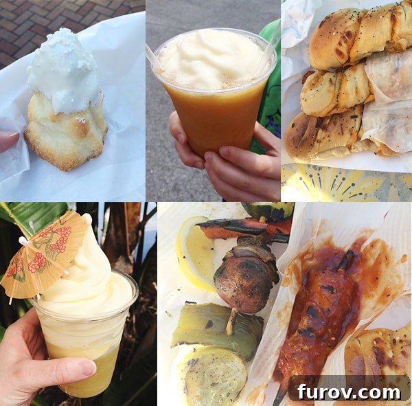 A collage of six different delicious foods and meals eaten at Disneyland, including corndogs, churros, and sandwiches.