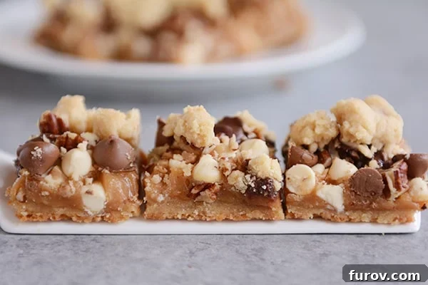 Three perfectly baked caramel pecan chocolate chip toffee bars lined up.