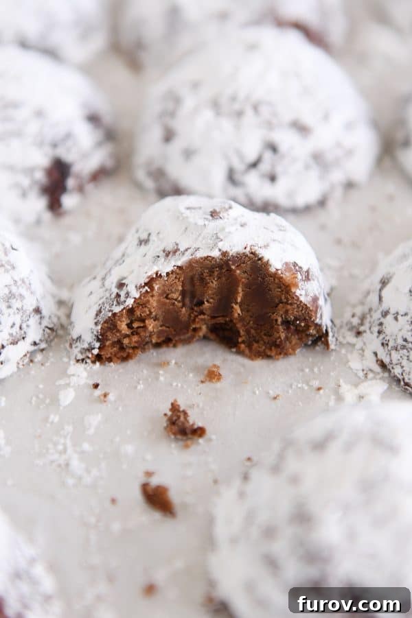 A half-eaten chocolate truffle cookie on a baking sheet, showcasing its perfect baked texture.