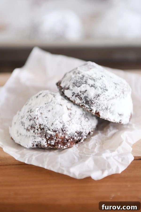 Two chocolate truffle cookies delicately placed on a white napkin, highlighting their inviting appeal.
