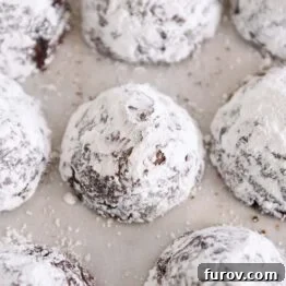 Tray of freshly baked chocolate truffle cookies, dusted with powdered sugar.