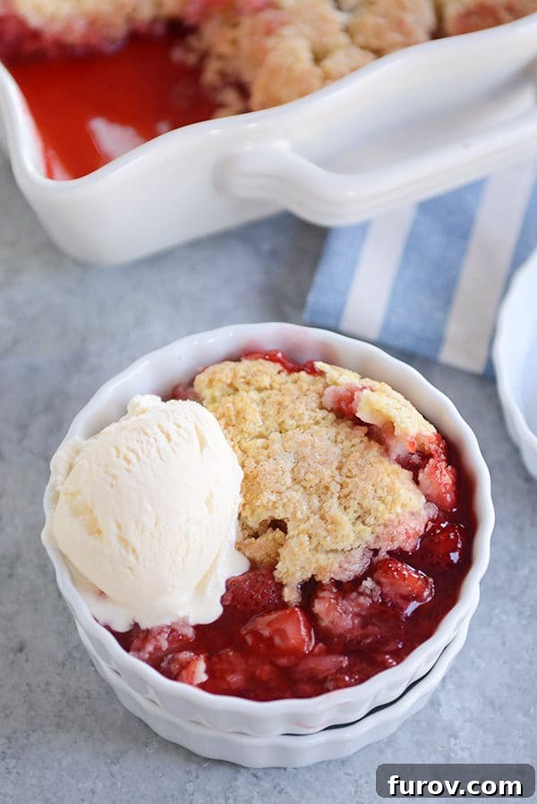 A top-down view of a ramekin filled with warm strawberry cobbler, generously topped with a scoop of melting vanilla ice cream, creating a delightful contrast of textures and temperatures.