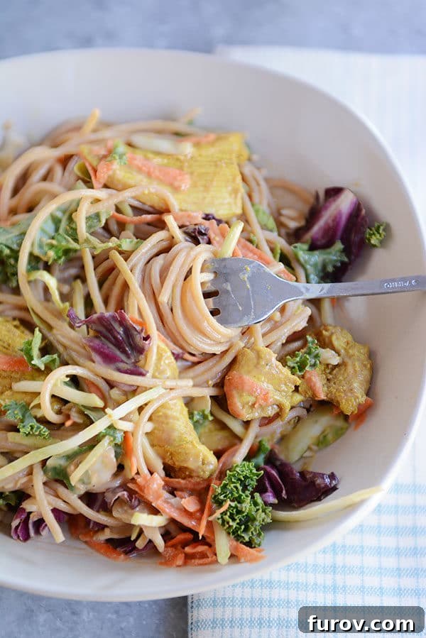 Thai Peanut Chicken Noodle Salad 6 Top view of a single white bowl filled with finished satay chicken noodle salad, ready to eat.