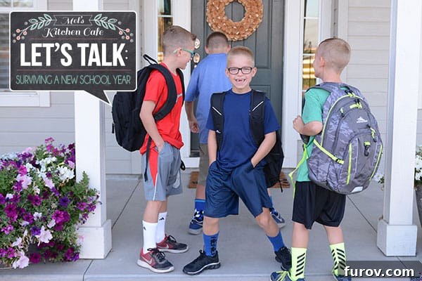 Taming the Back to School Bedlam 2 Two young boys with backpacks standing on a front porch, ready for school.
