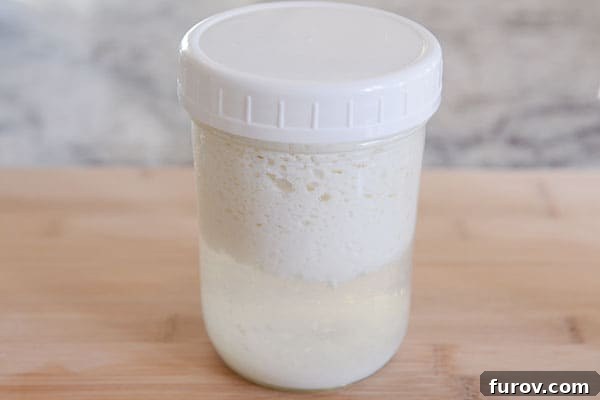 A glass mason jar filled with creamy milk kefir, showing a subtle separation of curds and whey, a natural part of the fermentation process.