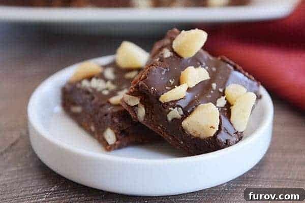 Two exquisitely frosted macadamia nut brownies presented on a small white ramekin, highlighting their luxurious texture and topping.