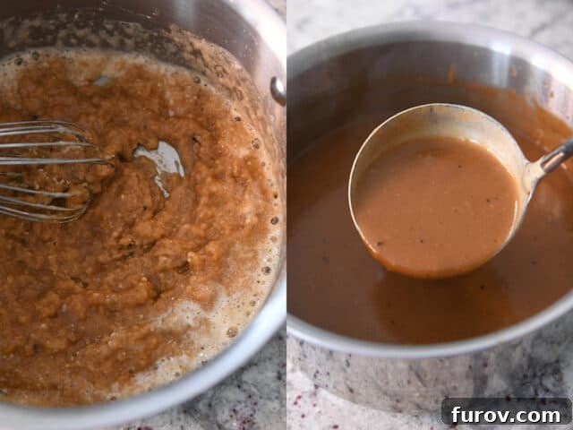 Melt-in-Your-Mouth Pot Roast and Savory Gravy 6 Two images side-by-side: one showing a saucepan with a bubbling roux, and the other showing a saucepan with rich, finished gravy and a ladle.