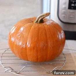 A cooked pumpkin cooling on a wire rack.