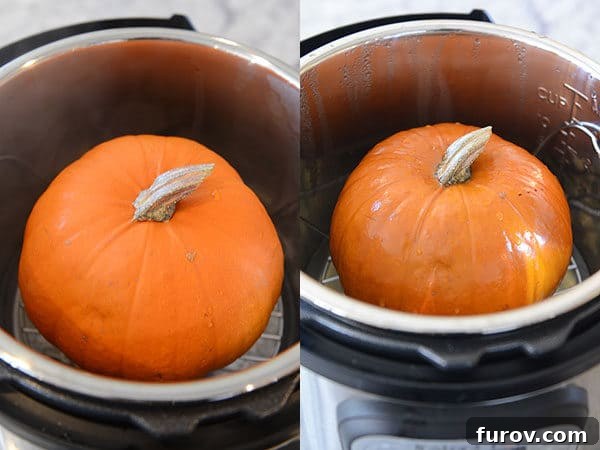 Quick and Easy Pressure Cooker Pumpkin Puree 3 Side-by-side images showing a small pie pumpkin being placed inside an Instant Pot pressure cooker.
