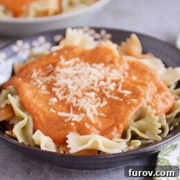 A bowl of creamy harvest pasta sauce, ready to be served over your favorite pasta.
