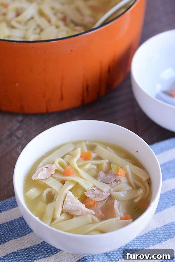 Effortless Flavorful Chicken Noodle Soup 2 A white bowl of chicken noodle soup with a large pot of the soup behind it.
