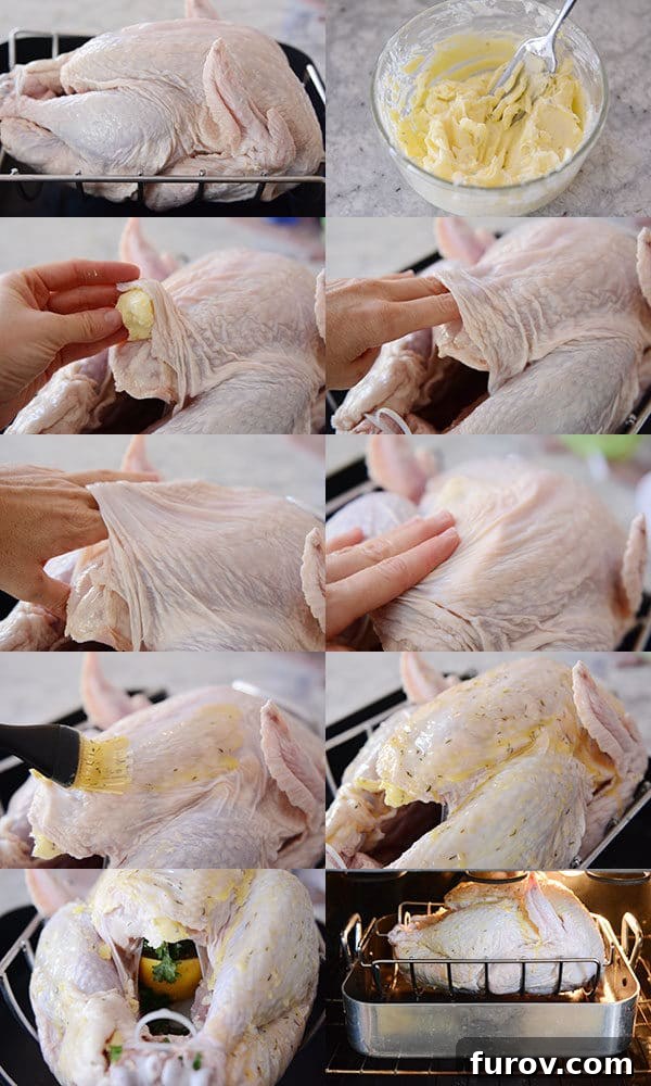 Simple Herb Roasted Turkey with Foolproof Gravy 5 A collage of images demonstrating how to prepare a raw turkey: stuffing the cavity and applying butter under the skin.
