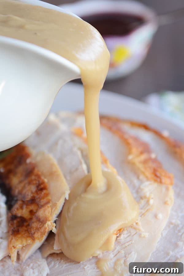 Simple Herb Roasted Turkey with Foolproof Gravy 6 Rich brown gravy being poured generously over thick, succulent slices of roast turkey.