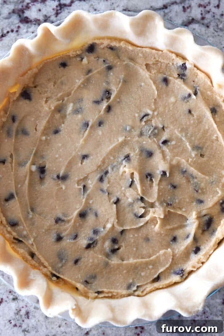 A top-down view of an unbaked chocolate chip cookie pie, showcasing the raw, rich batter evenly spread within a prepared pie crust, ready to be transformed in the oven.