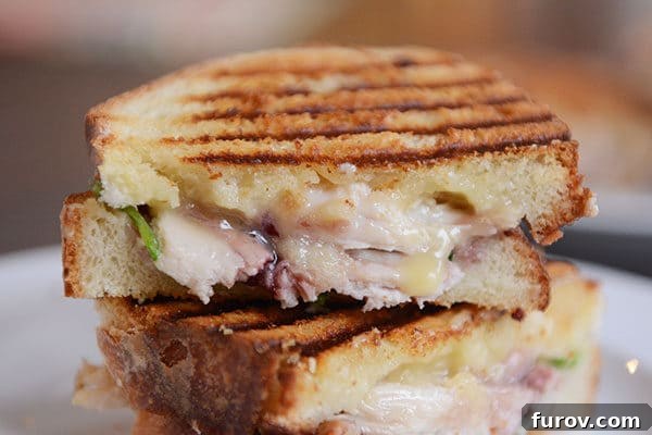 A turkey brie panini cut in half and stacked on a white plate, ready to be enjoyed.
