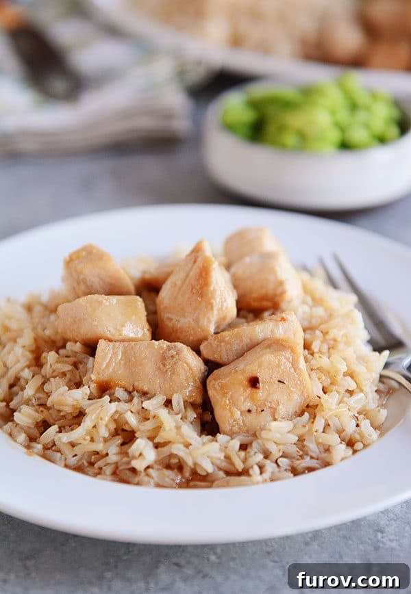 Sticky Honey Garlic Skillet Chicken in 20 Minutes 3 A white plate of cooked brown rice with golden brown chicken cubes on top.