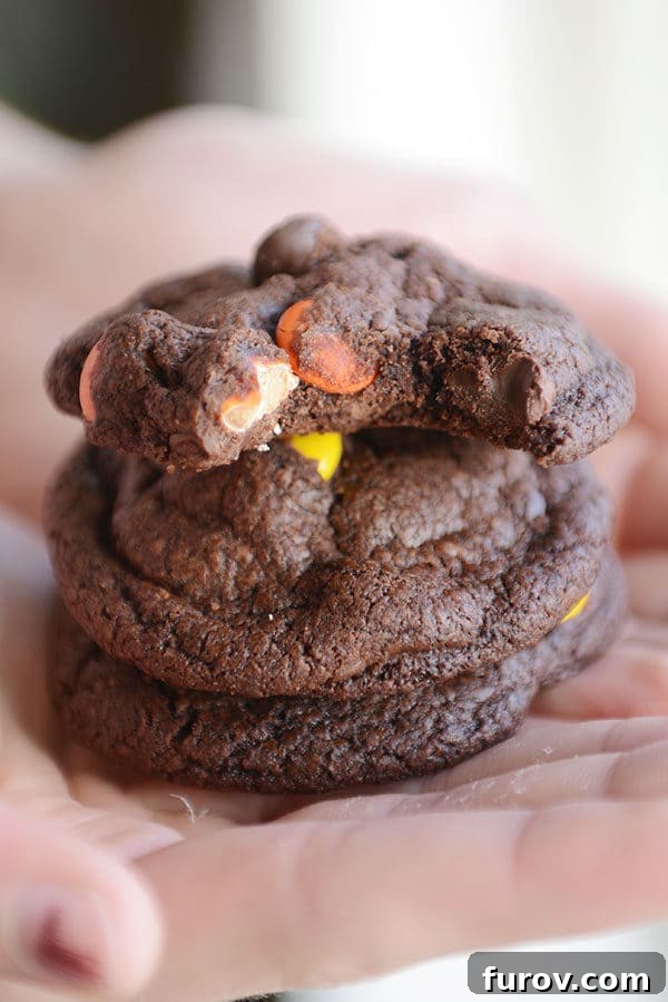 Signature Triple Chocolate Peanut Butter Fudge Cookies 2 A hand holding a stack of three Triple Chocolate Fudge Peanut Butter Cookies, with a bite taken out of the top one, showcasing their soft, chewy texture and vibrant peanut butter candy inclusions.