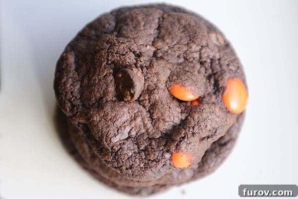 Signature Triple Chocolate Peanut Butter Fudge Cookies 3 Top-down view of a stack of richly flavored Triple Chocolate Fudge Peanut Butter Cookies, highlighting their delicious surface and generous peanut butter and chocolate chip inclusions.