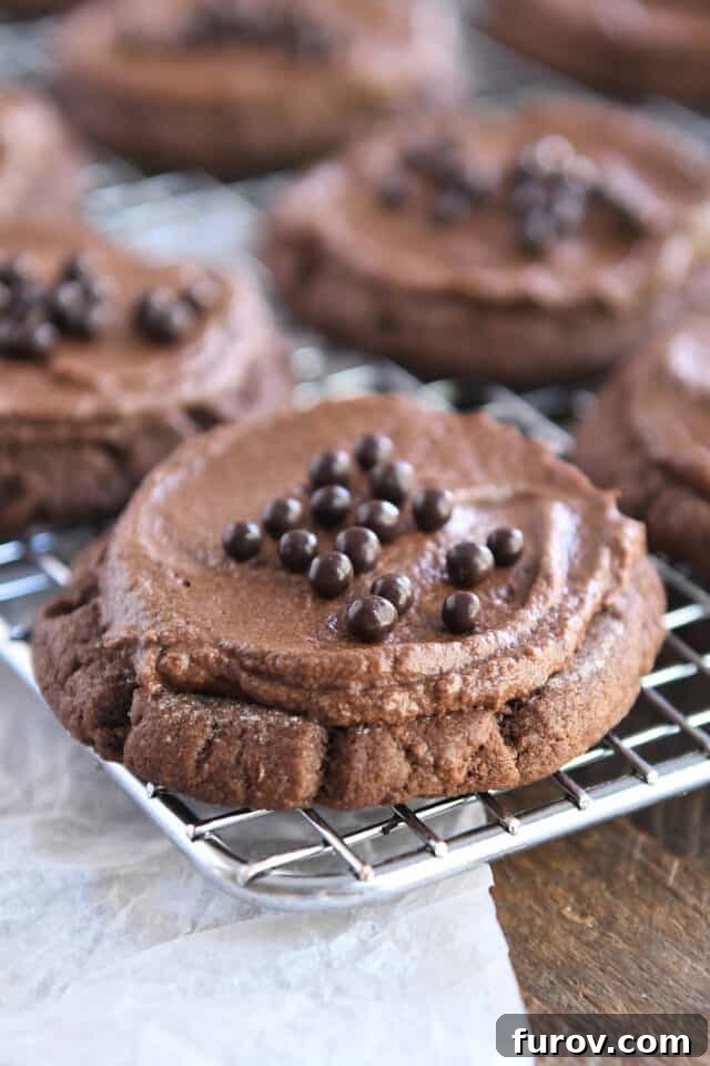Pillowy Chocolate Frosted Swig Sugar Cookies 2 A freshly baked frosted chocolate cookie adorned with chocolate pearls, resting on a cooling rack, showcasing its irresistible texture and decadent frosting.
