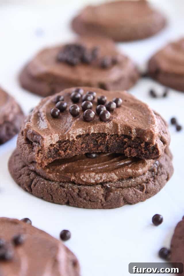 Pillowy Chocolate Frosted Swig Sugar Cookies 8 A half-eaten chocolate cookie with frosting, stacked on another whole cookie on white parchment paper, illustrating its enticing cross-section and soft interior.