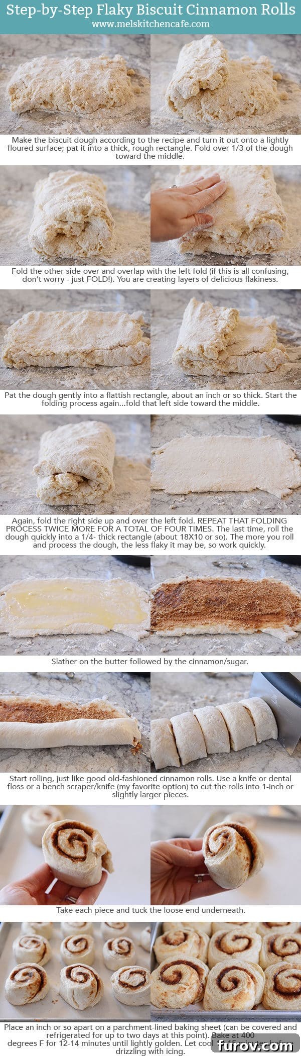 A step-by-step visual guide demonstrating how to prepare the biscuit dough and shape it into flaky cinnamon rolls.