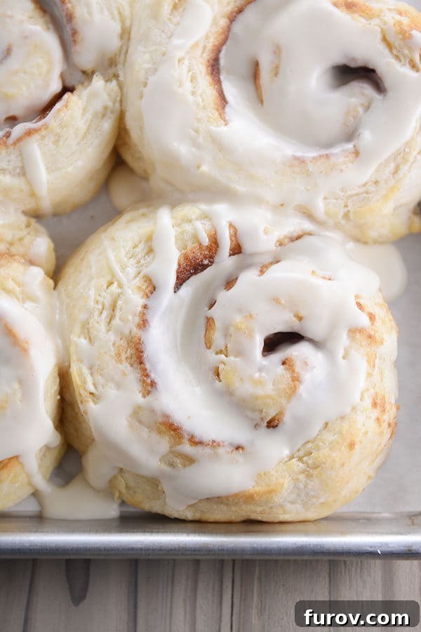 A close-up, top-down view of several frosted buttermilk biscuit cinnamon rolls neatly arranged on a baking sheet, glistening with sweet icing.