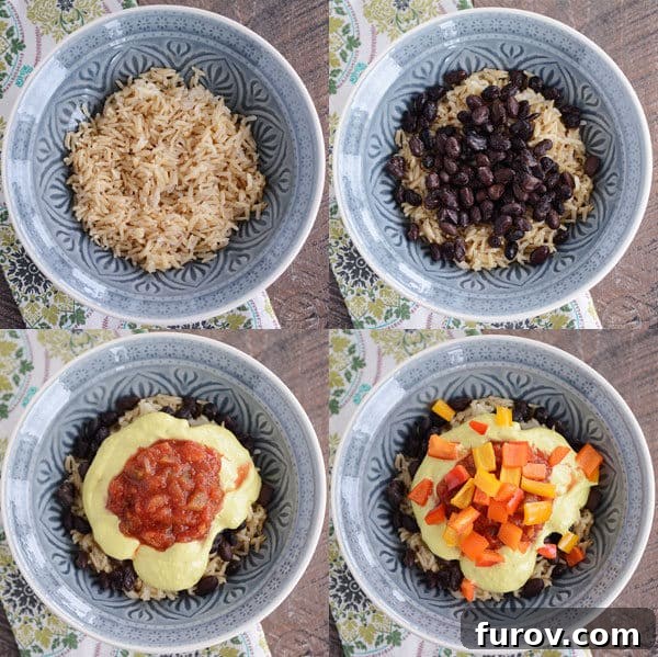 Four individual bowls being assembled with various toppings over a base of rice, illustrating the customization process of building a Yum Yum Bowl.