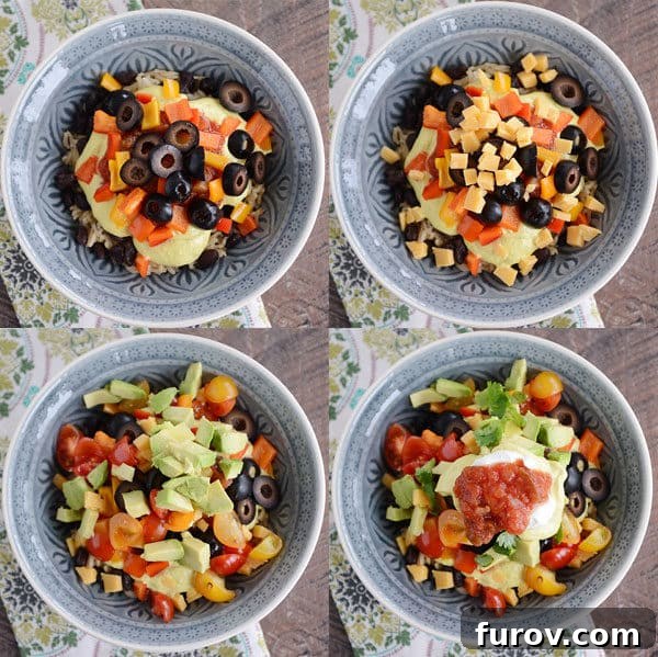A step-by-step visual of toppings being layered into four separate rice bowls, showcasing the assembly of the delightful Yum Yum Bowls.