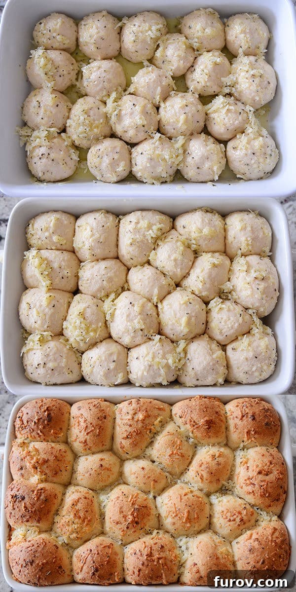 Golden Asiago Pull-Apart Loaf 4 Three pictures showing a pan of asiago rolls with the top two uncooked and the bottom picture cooked.